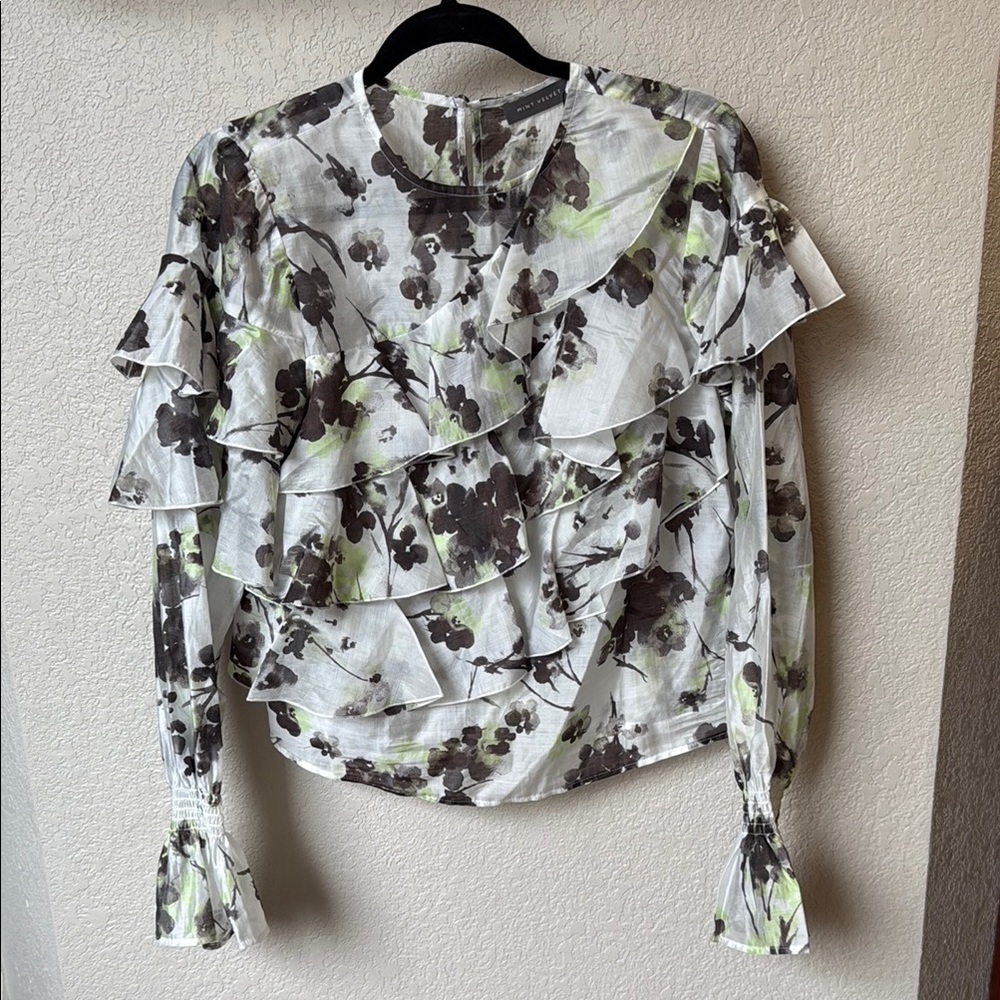 Floral Ruffle Blouse - Black and Green